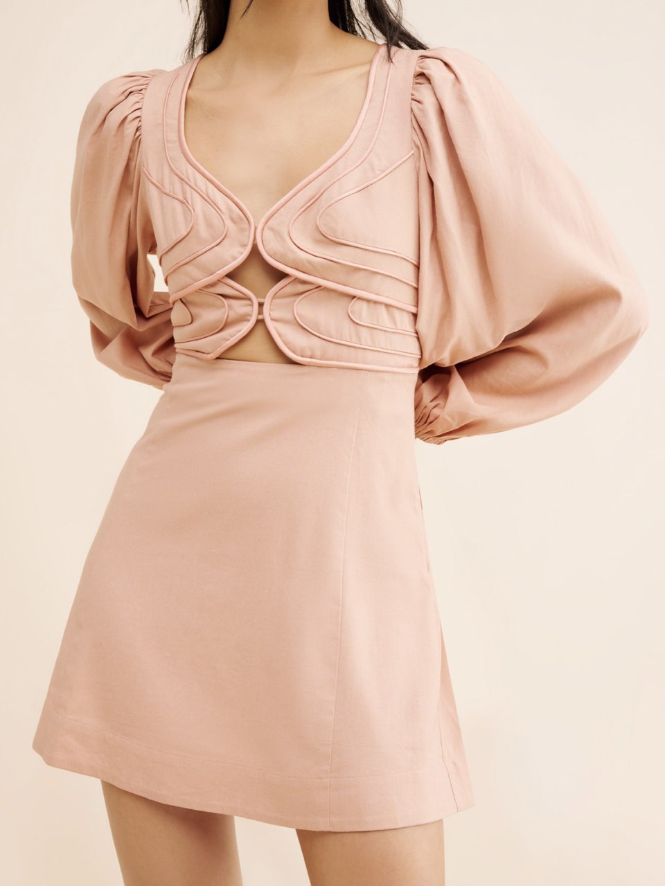Farm Rio Linen Long Sleeve Cutout Mini Dress