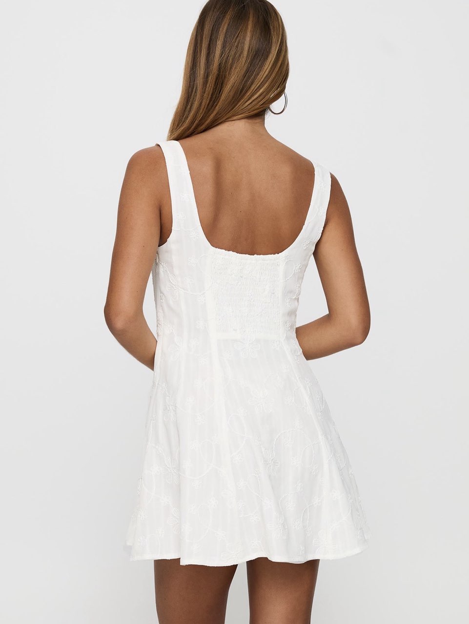 White Embroidered Square Neck Mini Dress