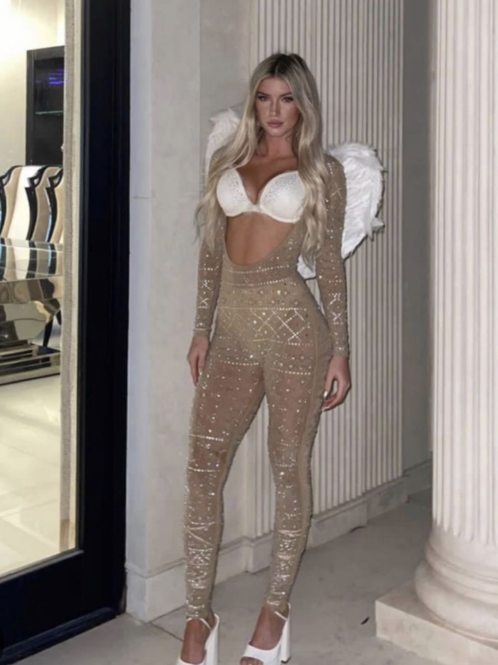 Embellished Nude Mesh Jumpsuit