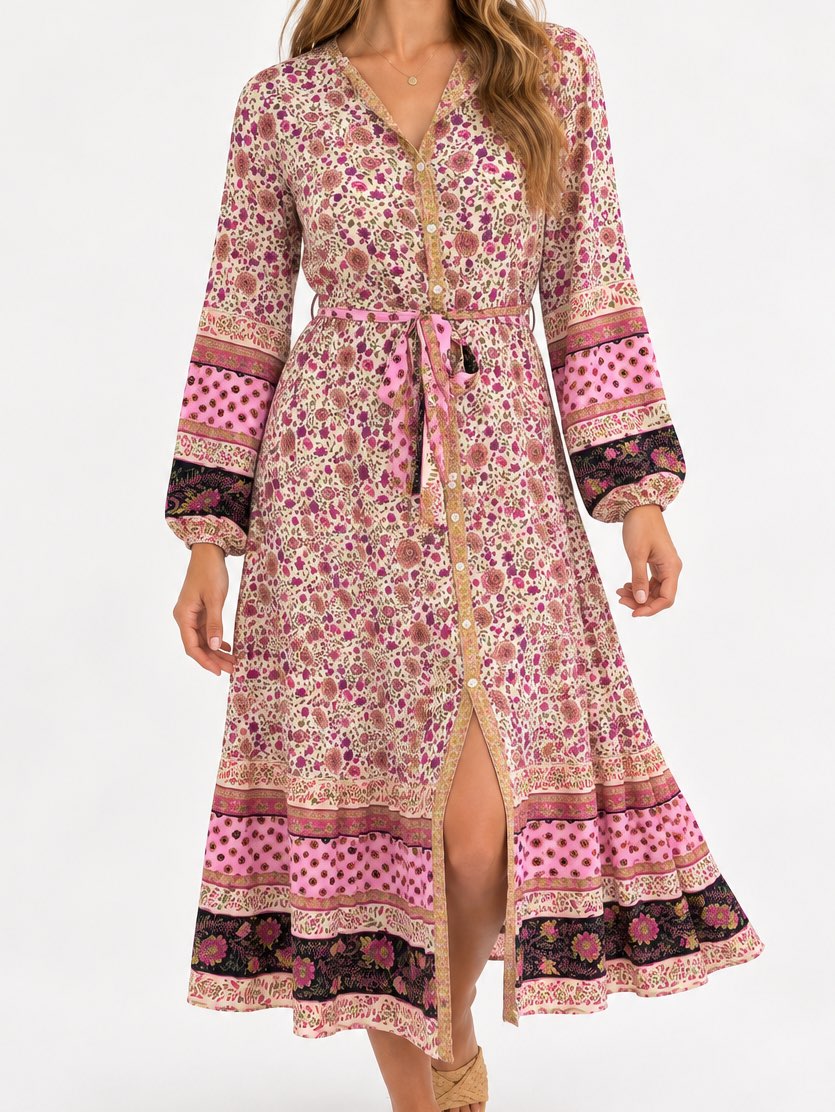 Boho Floral Button-Front Maxi Dress
