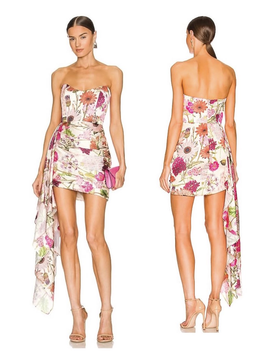 Floral Strapless Mini Dress with Train