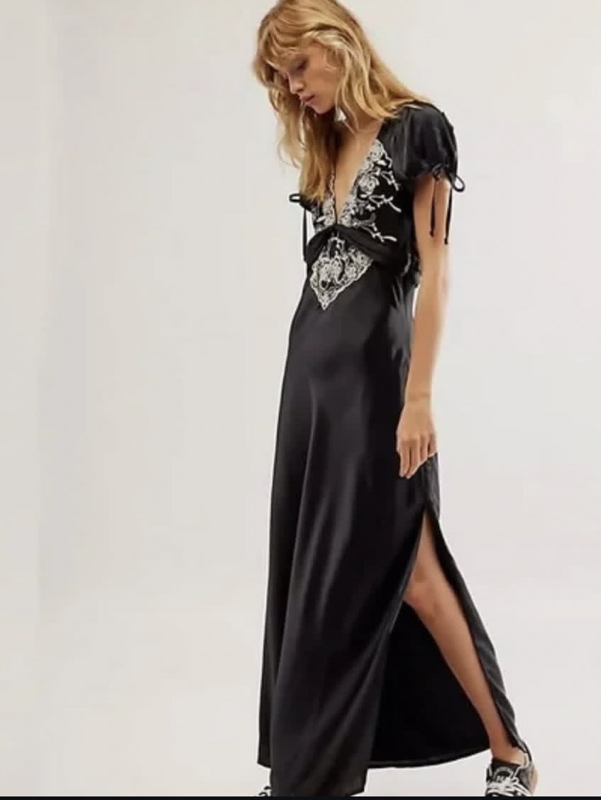Black Embroidered Satin Maxi Dress