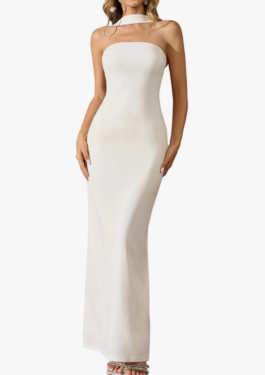White Halter Neck Maxi Dress