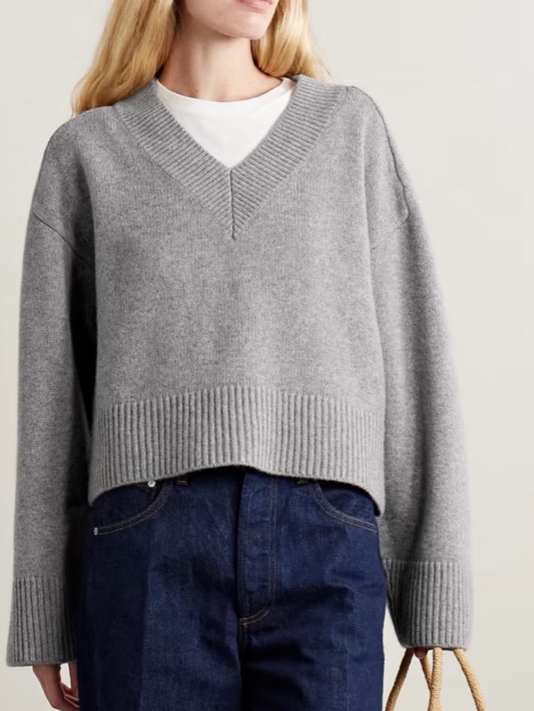 Grey Cropped V-Neck Sweater