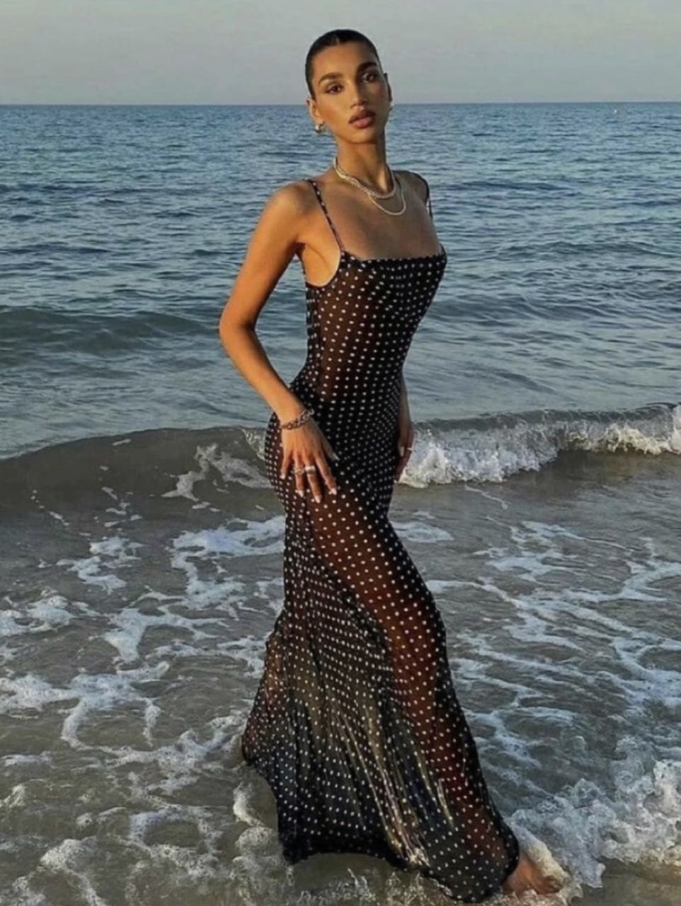 Black Polka Dot Mesh Maxi Dress