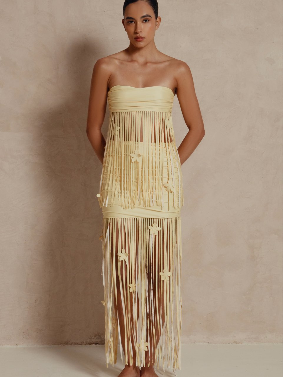 Yellow Fringe Strapless Maxi Dress with Floral Appliques