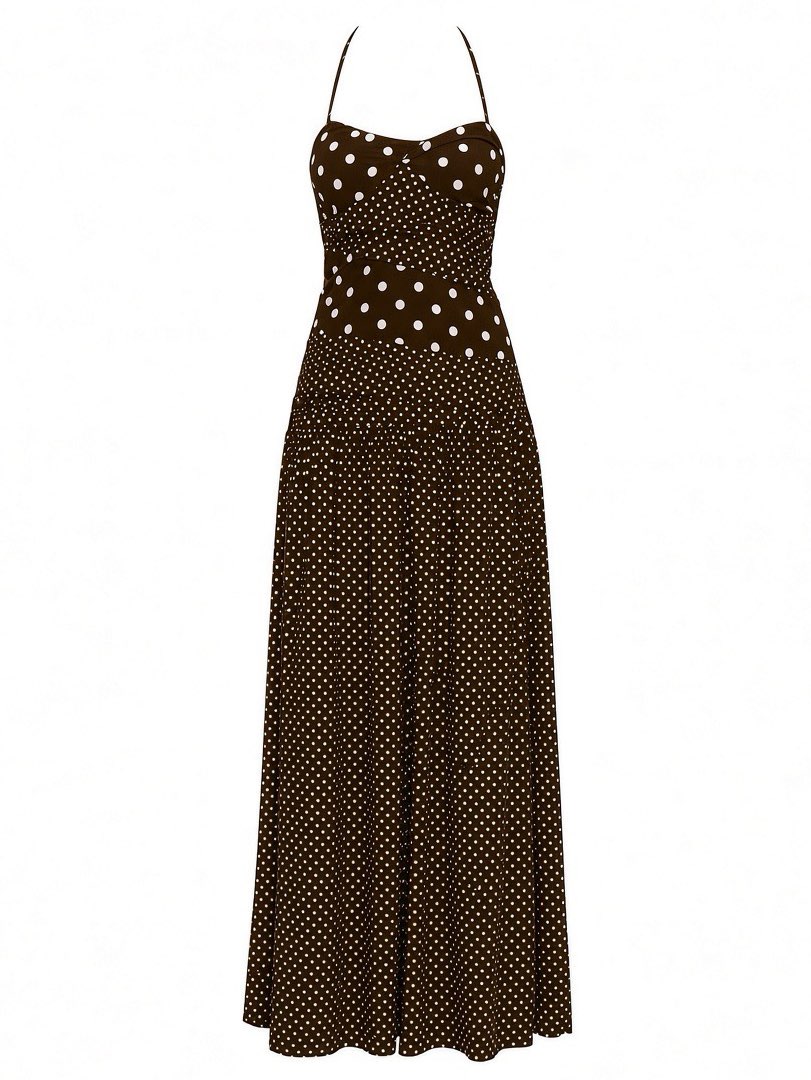 Brown Polka Dot Halter Maxi Dress