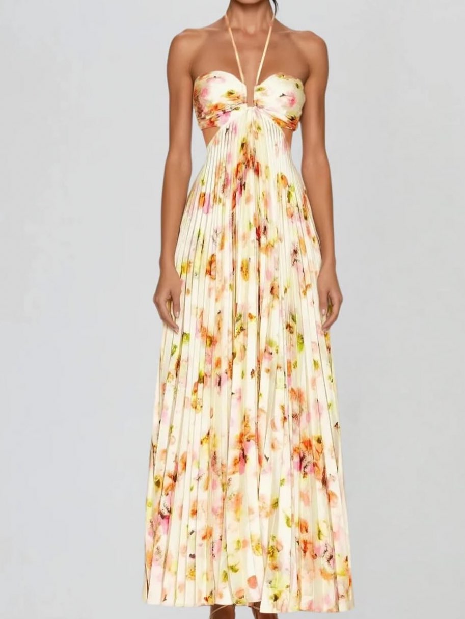 Floral Pleated Halter Maxi Dress