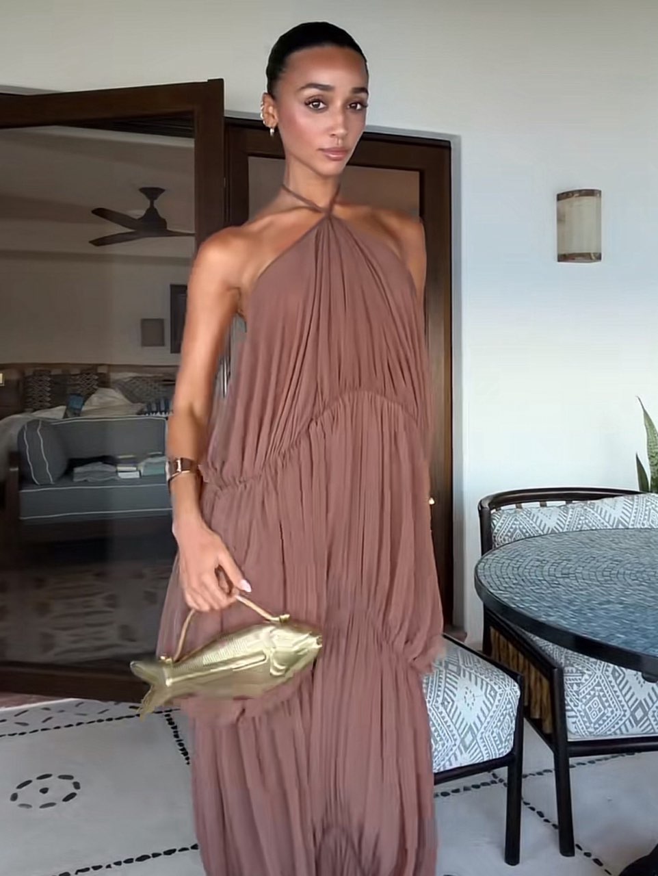 Brown Draped Halter Maxi Dress
