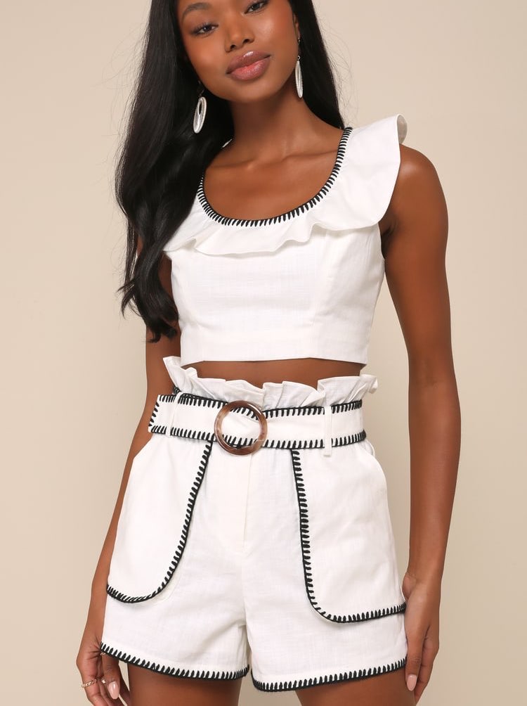 White and Black Linen Embroidered Crop Top and Belted Shorts Set
