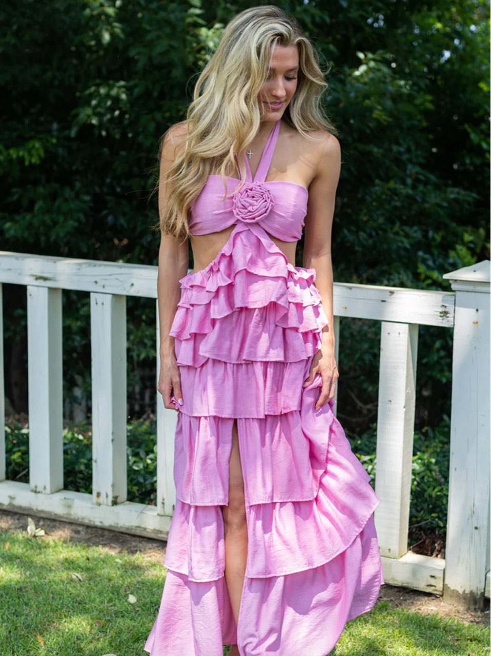 Pink Ruffle Halter Cut-Out Maxi Dress