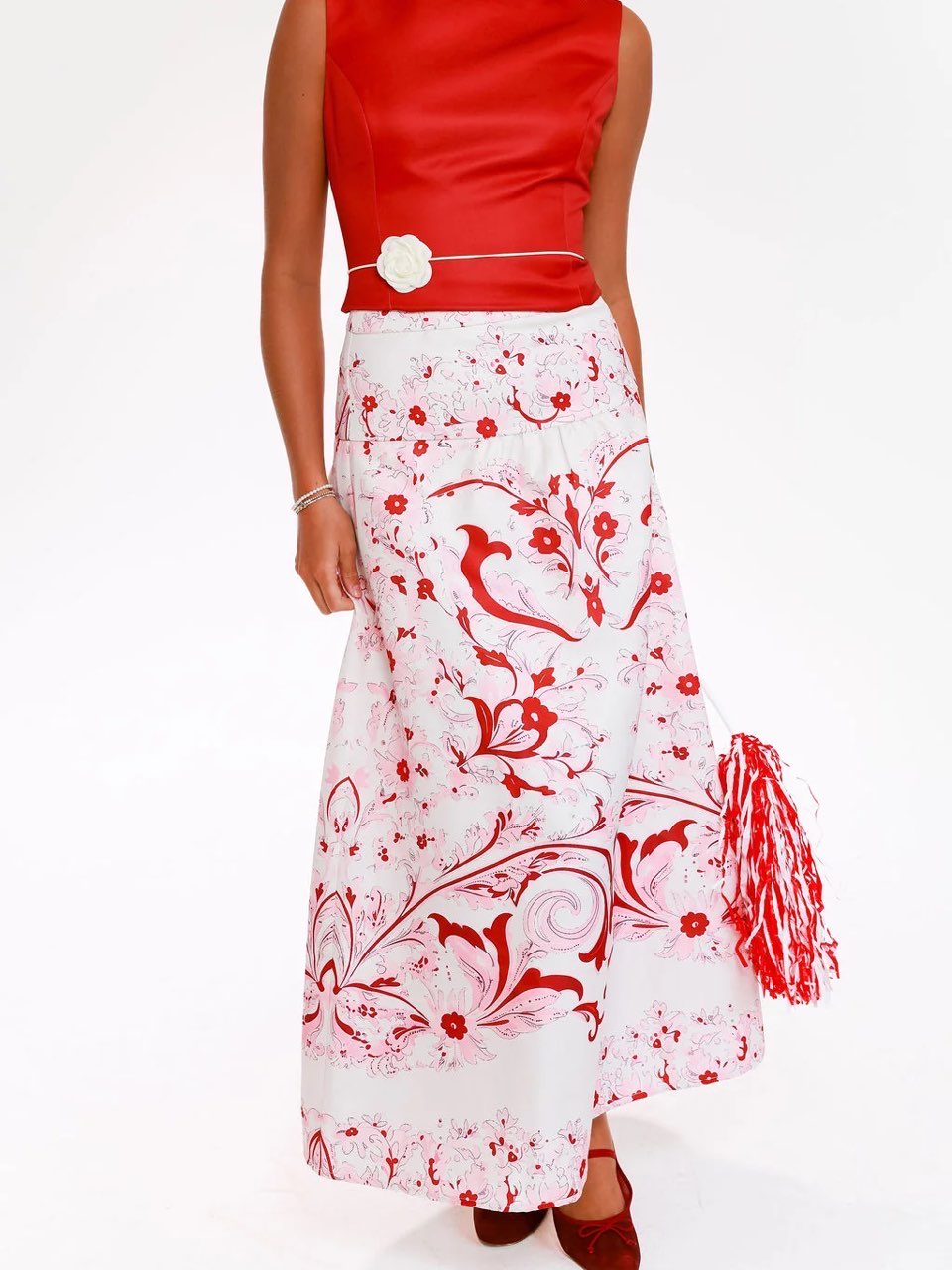Red and white patterned maxi skirt