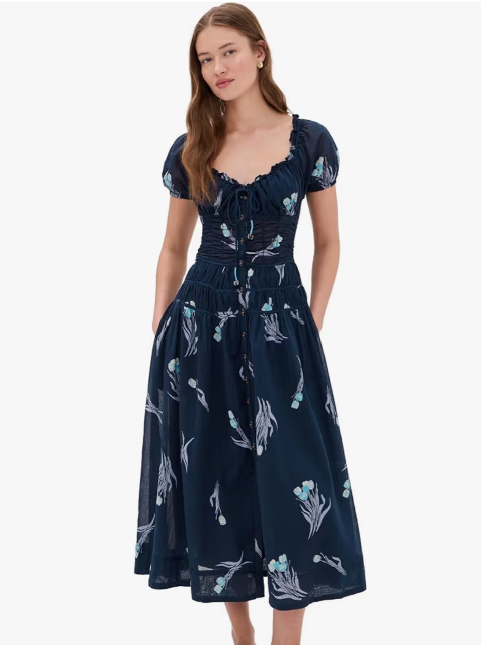 Navy Blue Botanical Print Midi Dress