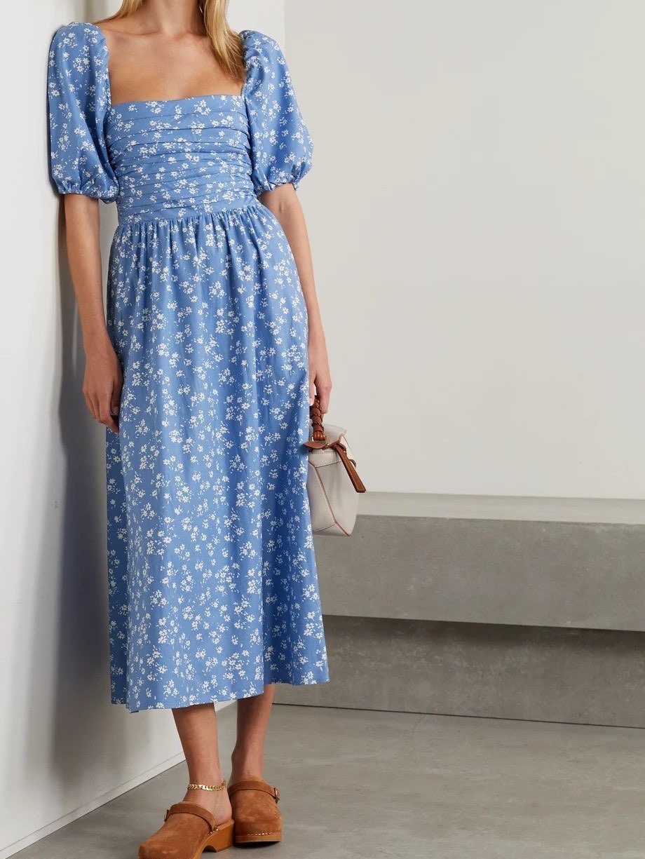 Blue Floral Puff Sleeve Midi Dress