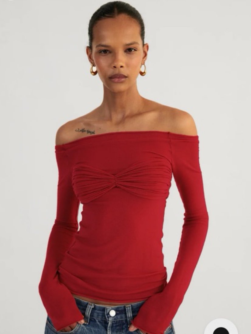 Red Ruched Off-Shoulder Long Sleeve Top