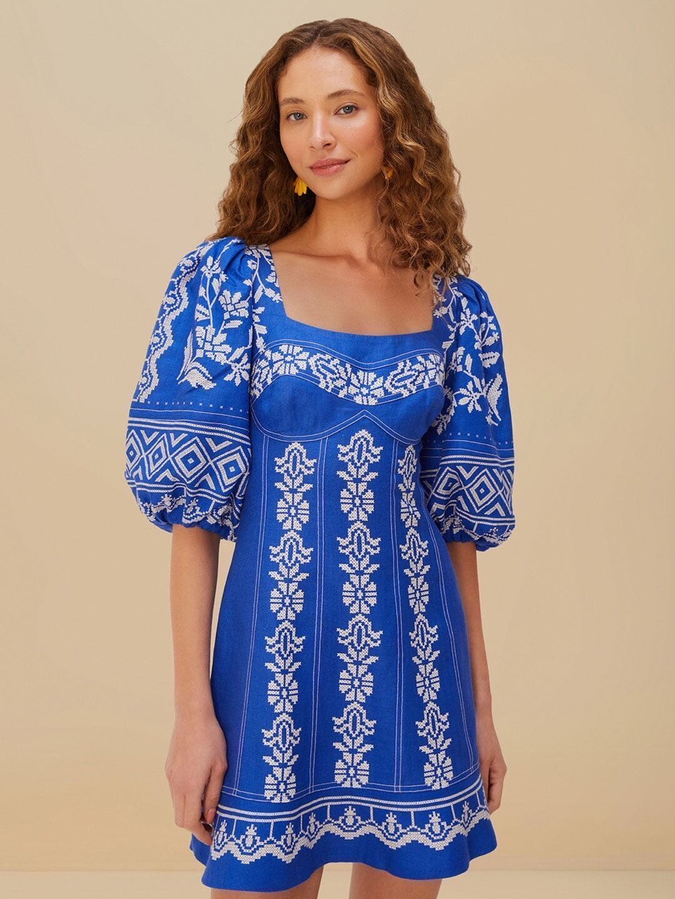 Blue Tropical Cross Stitch Mini Dress