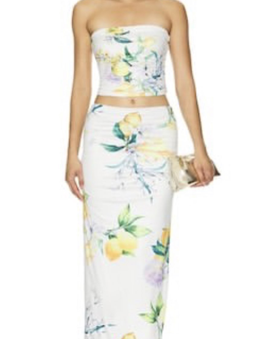 Lemon Print Strapless Crop Top & Maxi Skirt Set