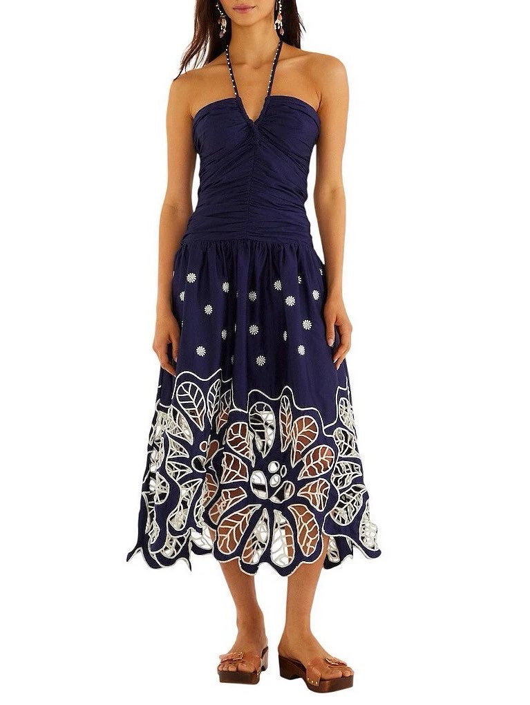 Navy Halter Embroidered Richelieu Midi Dress