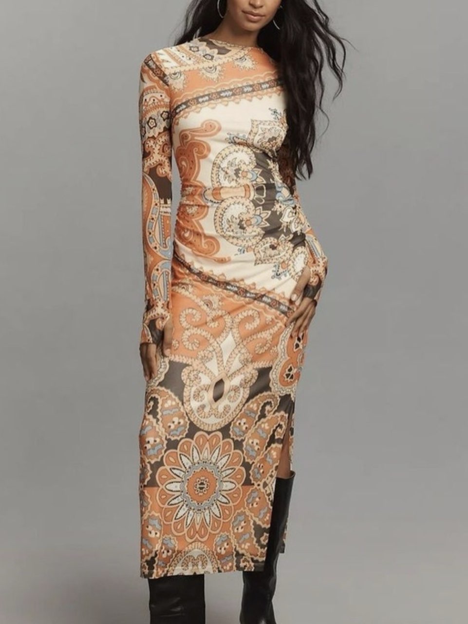 Farm Rio Long-Sleeve Mock-Neck Mesh Slim Midi Dress