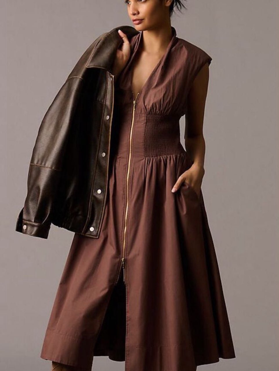 Anthropologie brown zip up dress
