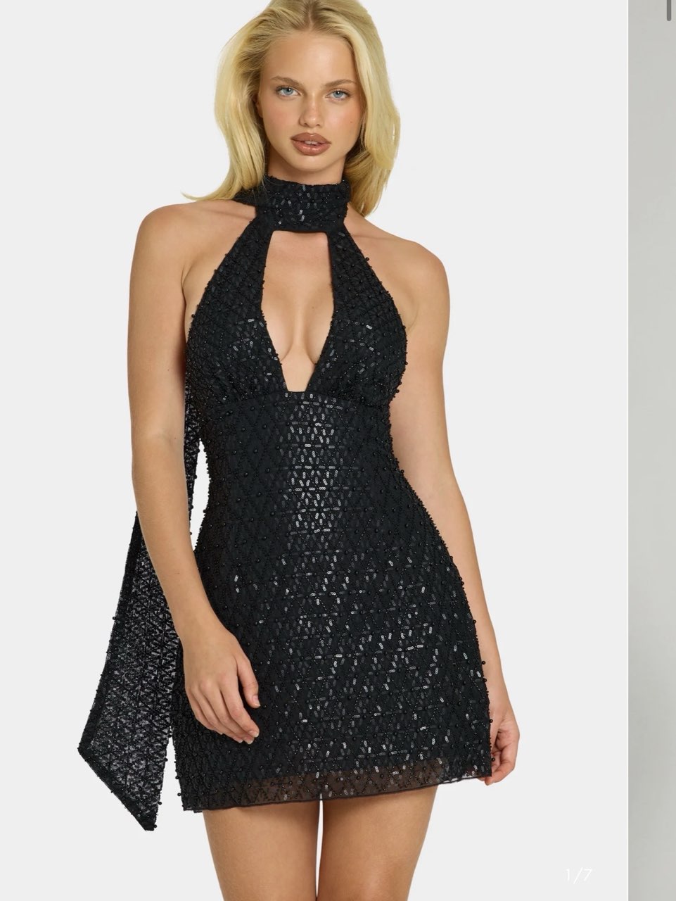 Embellished Scarf-Detail Halterneck Mini Dress in Black