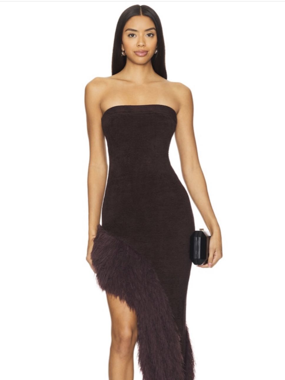 Asymmetrical Strapless Dress with Feather Trim