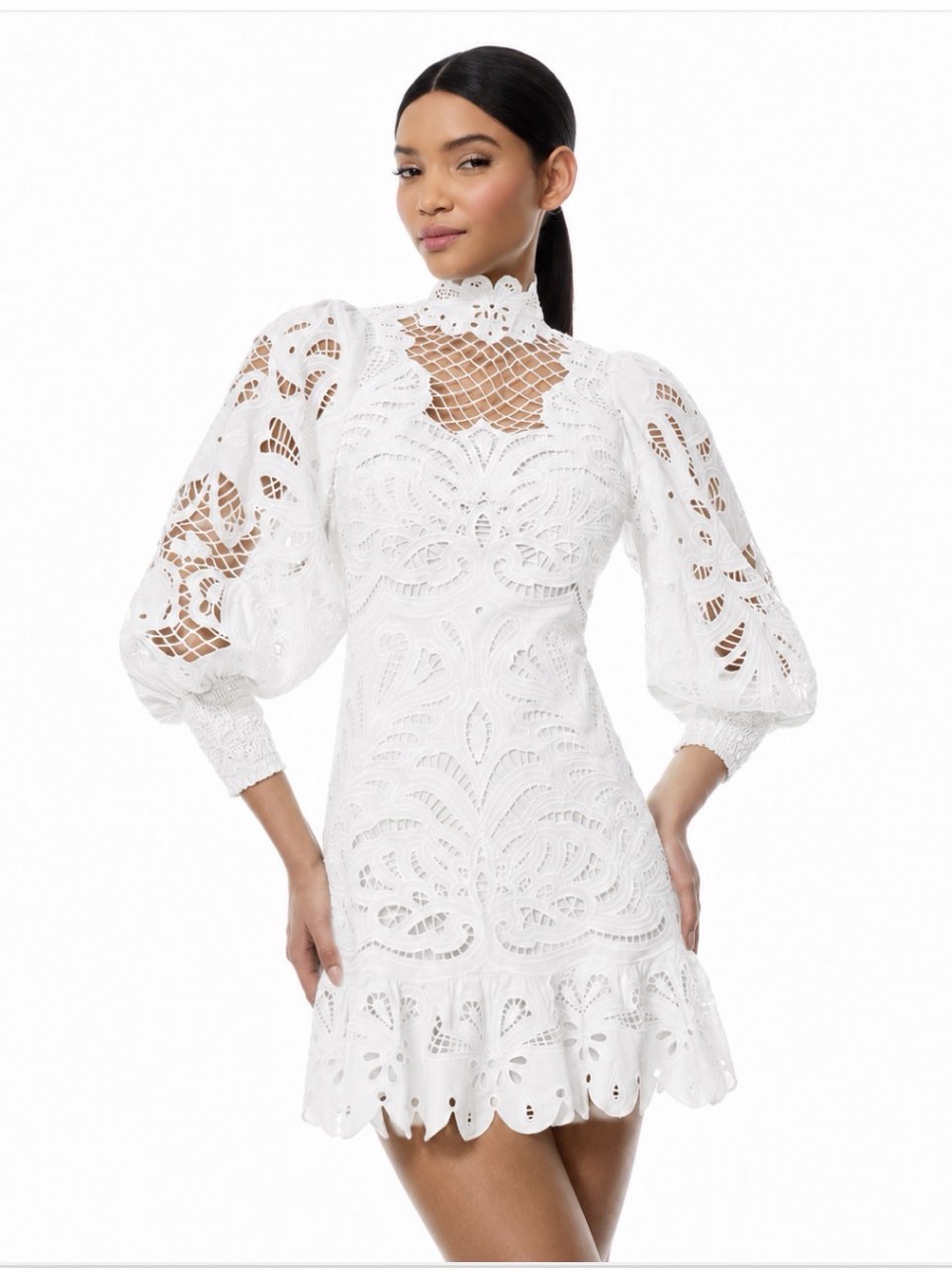 ALICE + OLIVIA White Lace Puff Sleeve Mini Dress