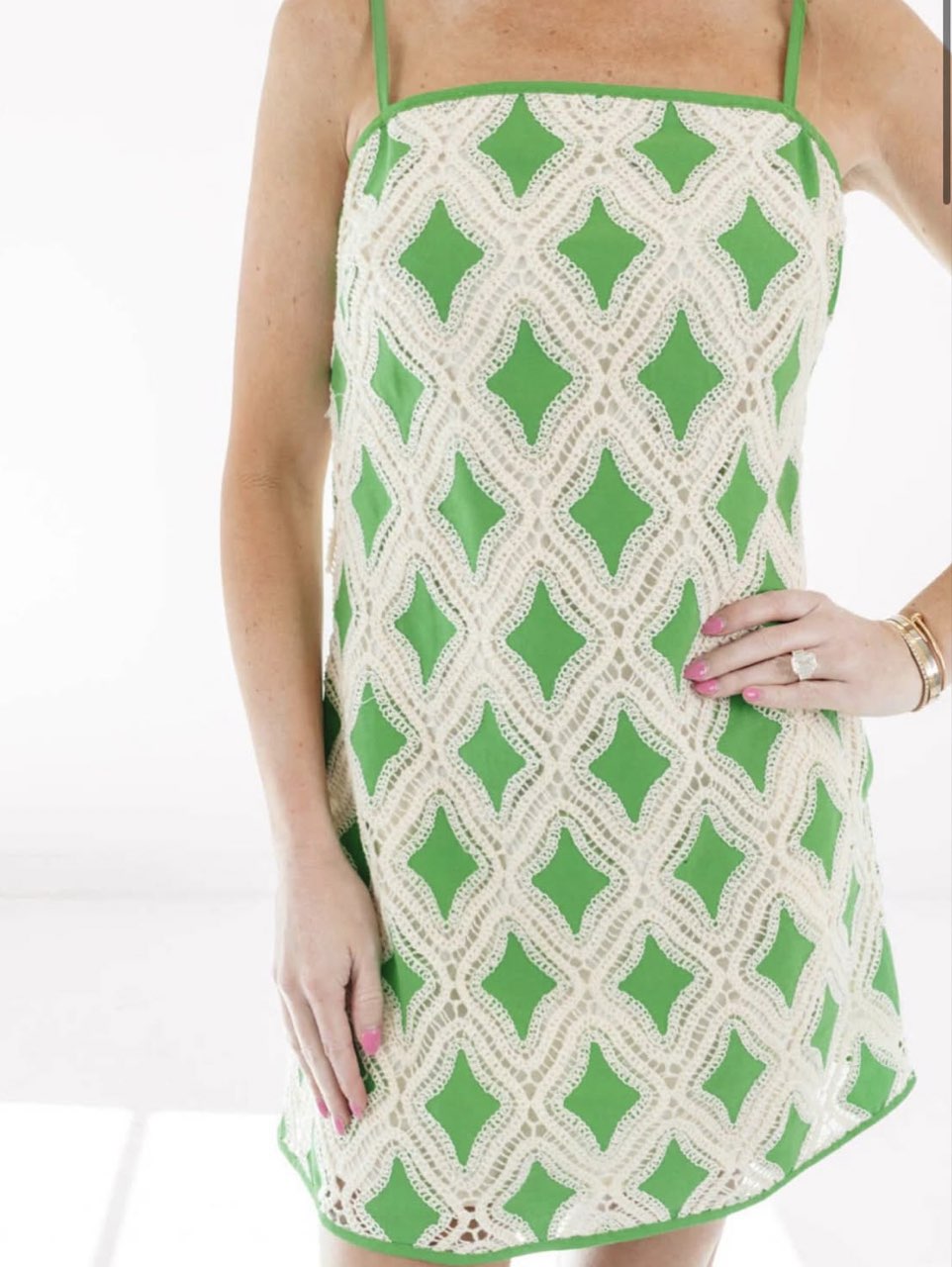 Green and Cream Crochet Overlay Mini Dress