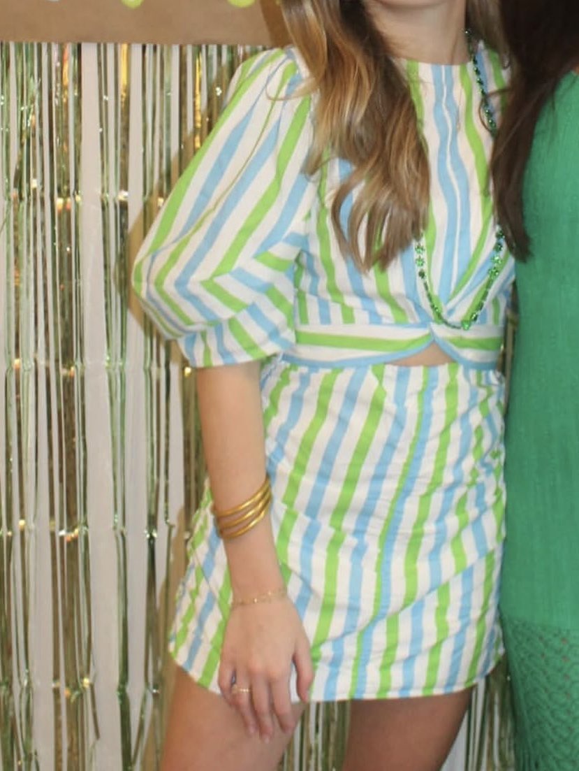 Blue, Green, and White Striped Crop Top and Mini Skirt Set