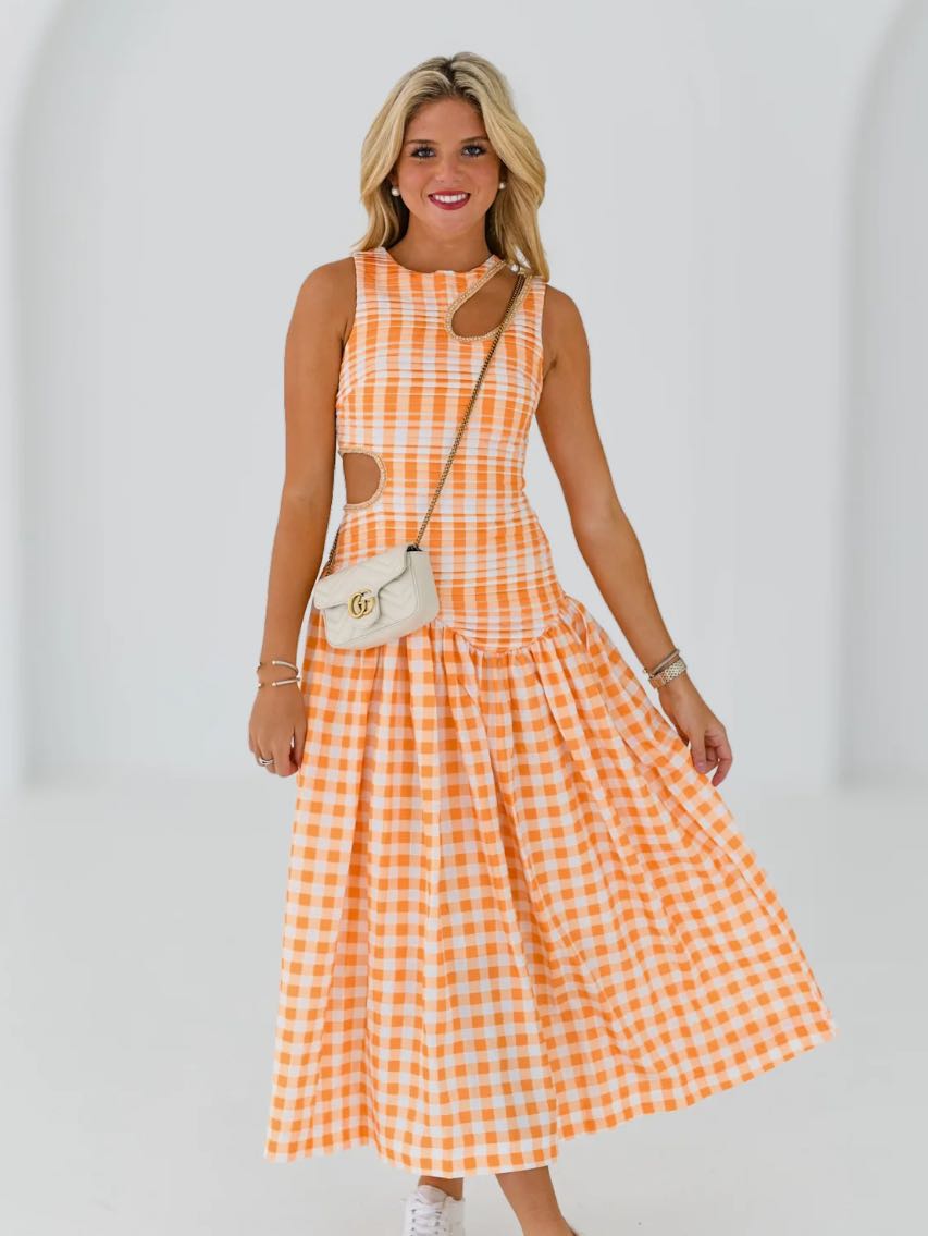 Drop Waist Orange Gingham Dress