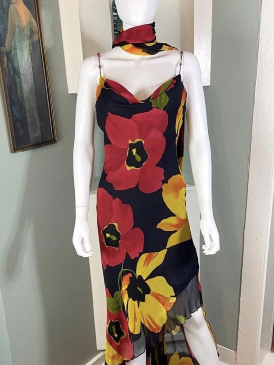 Vintage Silk Floral Dress w/ Neck Scarf