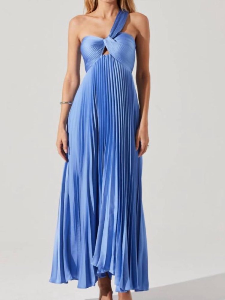 Aqua Blue Pleated One-Shoulder Maxi Dress
