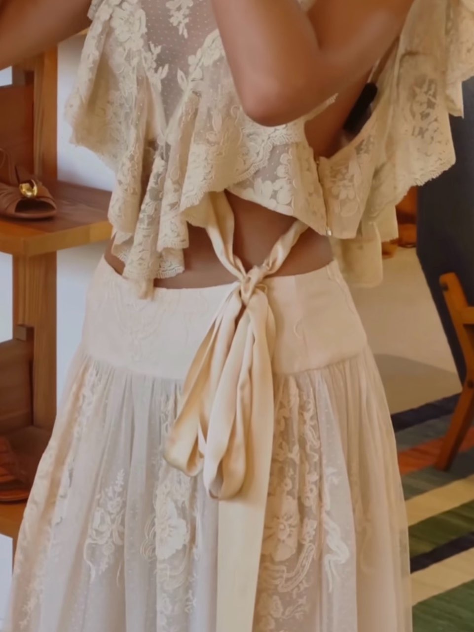 Cream Lace Ruffle Crop Top and Midi Skirt Set