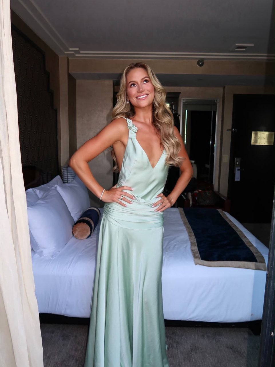 Mint Green Satin V-Neck Gown