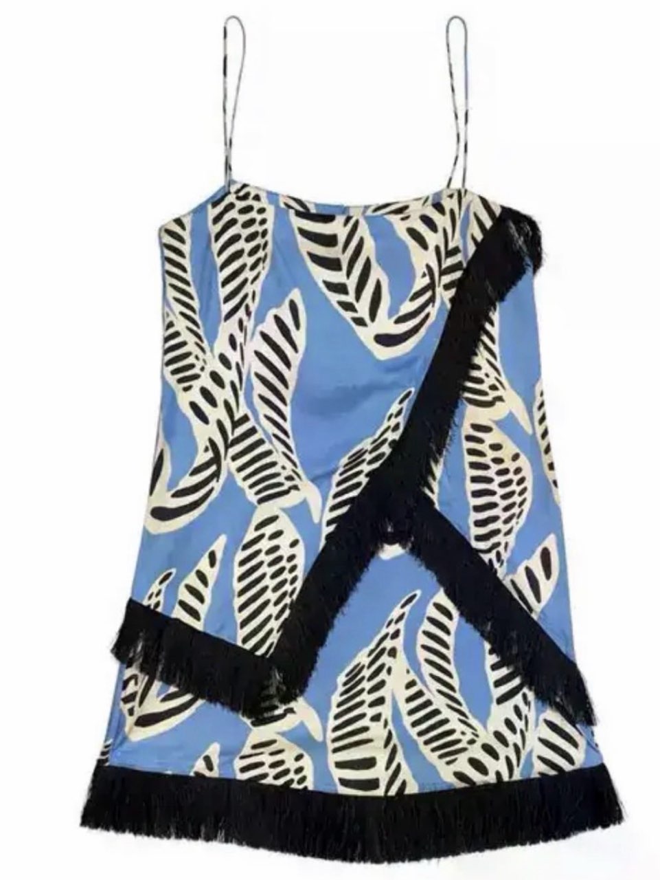 Blue Leaf Print Fringe Mini Dress