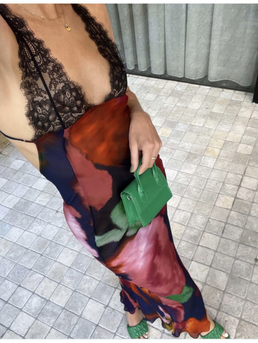 Abstract Print Lace Slip Dress