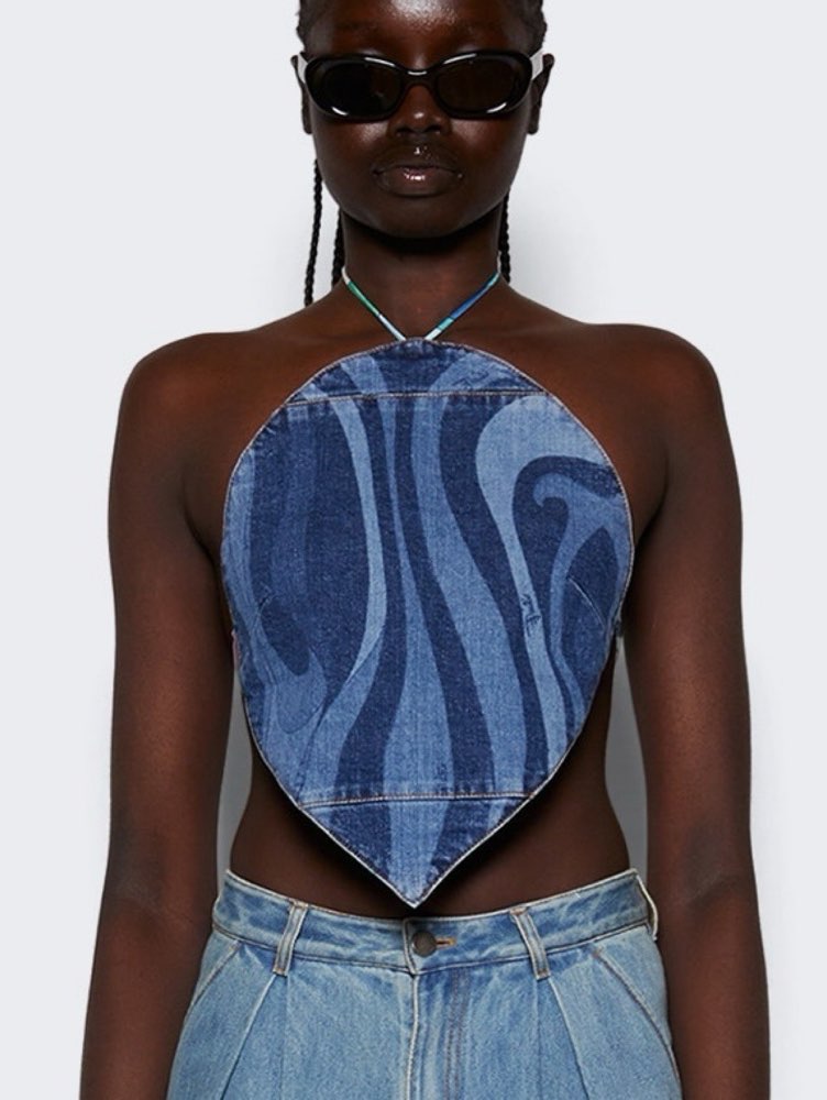 Pucci Wavy Print Denim Halter Top