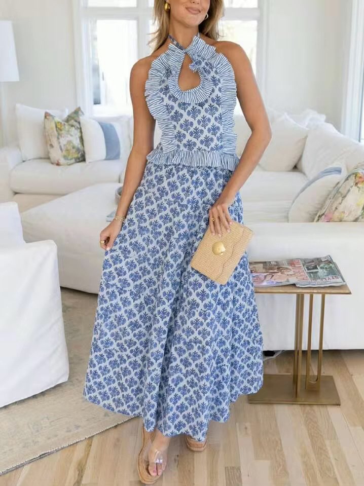 Blue Floral Halter Dress