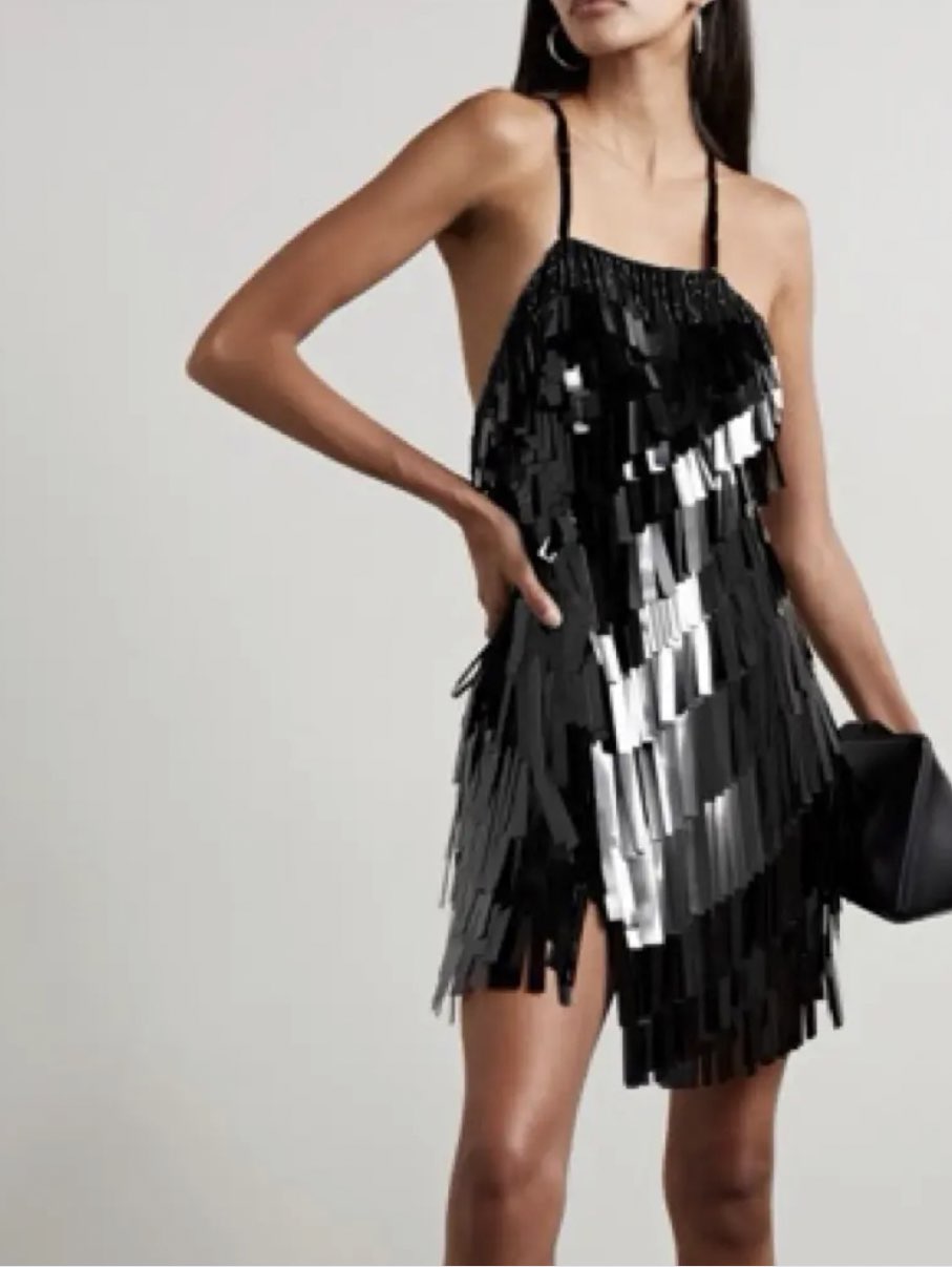 Black Sequin Fringe Halter Mini Dress