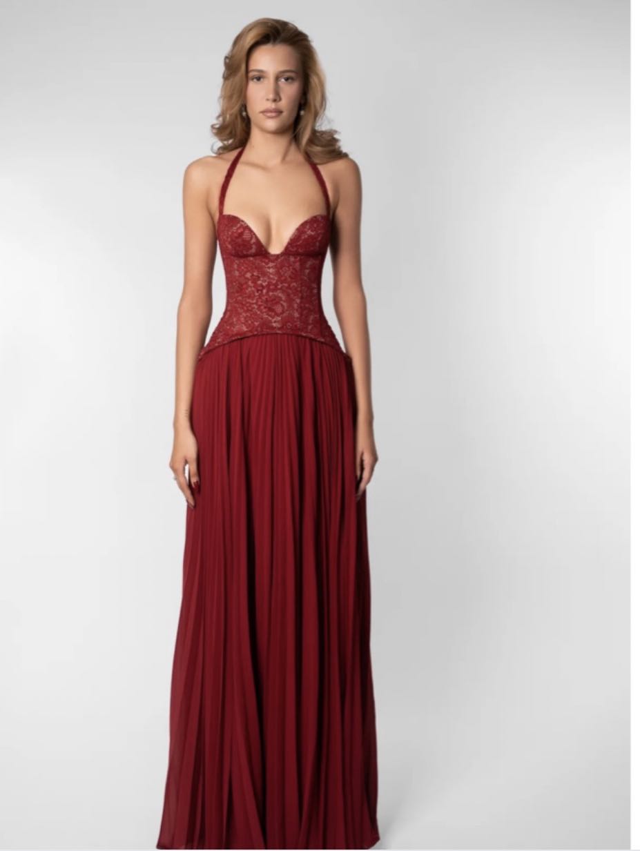 Red Lace Halter Evening Dress