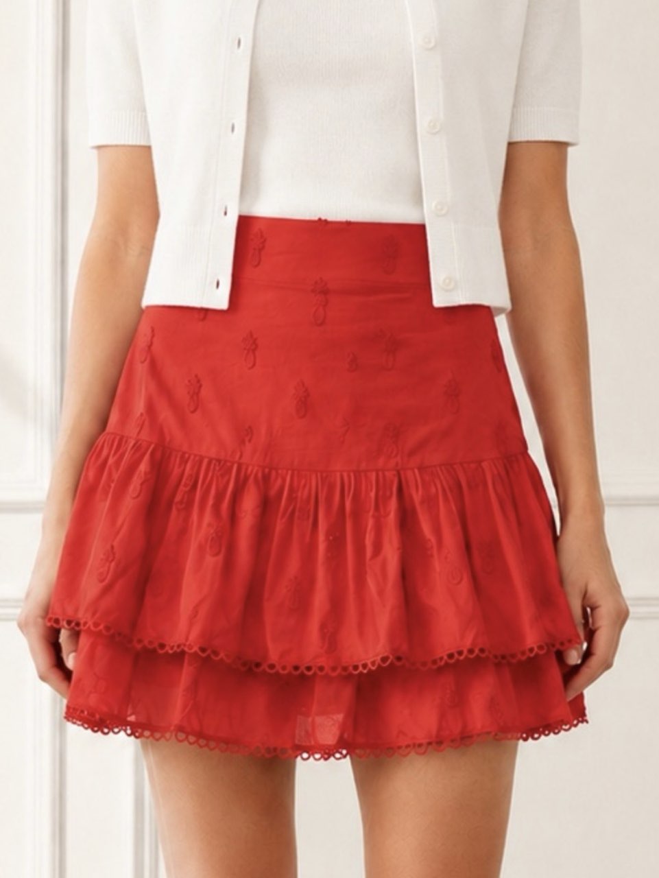 Red Embroidered Tiered Mini Skirt