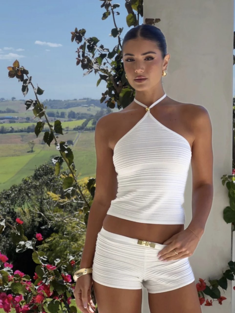 White Ribbed Halter Top and Shorts Set