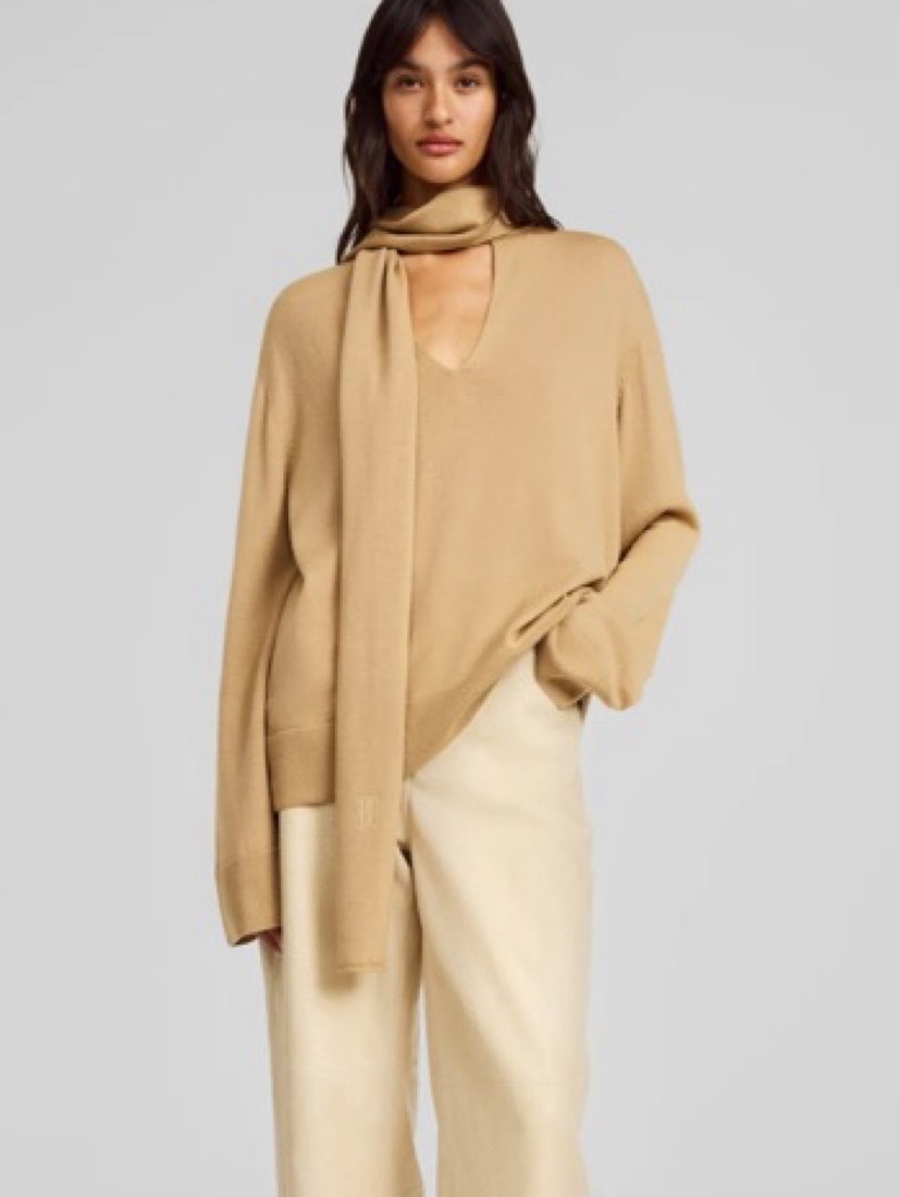 Camel V-Neck Sweater with Scarf Detail
