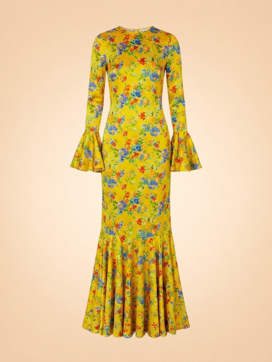 Yellow Floral Bell Sleeve Maxi Dress