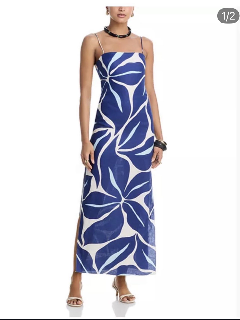 Blue and White Leaf Print Maxi Dress