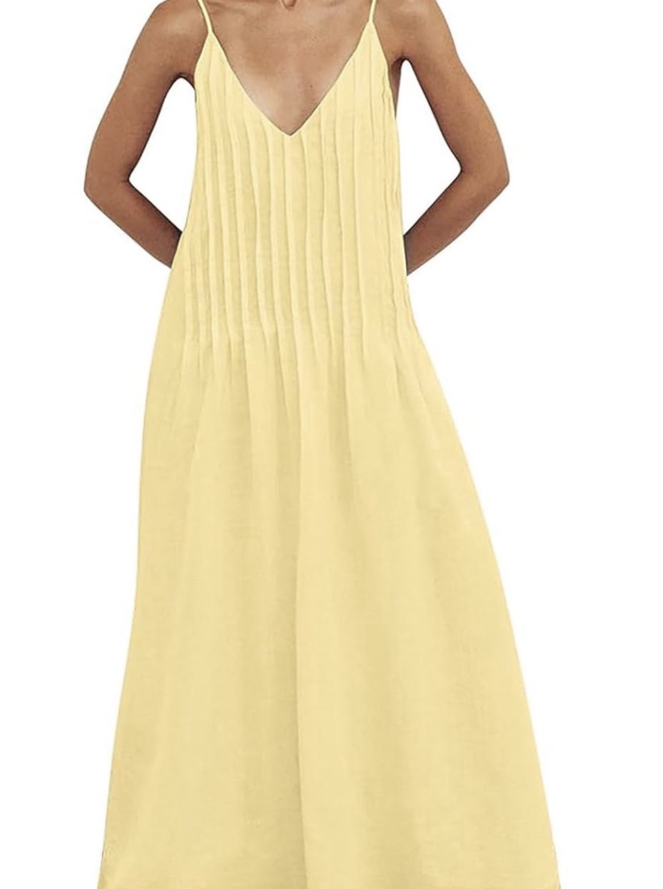 Light Yellow Pleated V-Neck Maxi Dress