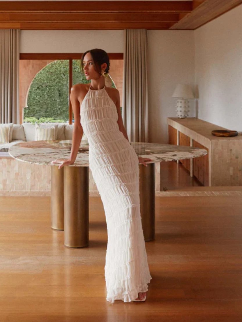 White Ruffled Halter Maxi Dress