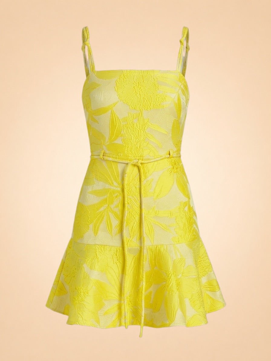 Yellow Floral Jacquard Mini Dress