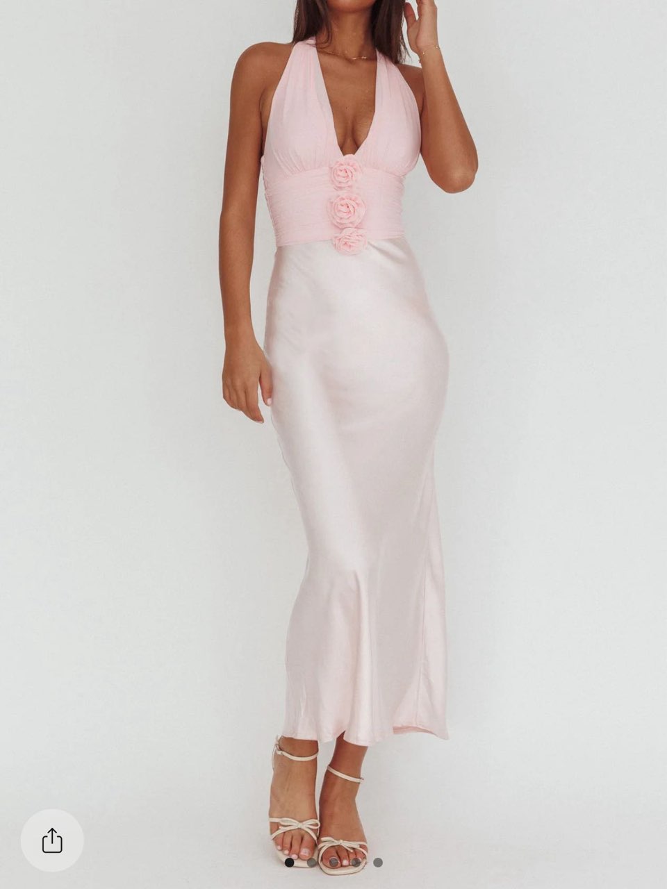 Pink Satin Heliora Halterneck Rosette formal Maxi Dress