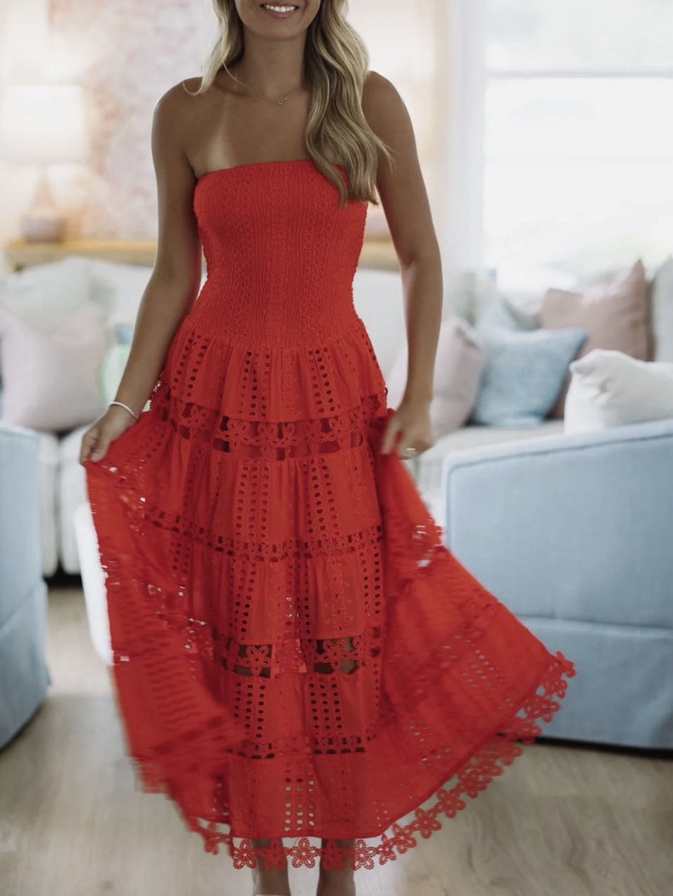 Red Eyelet Tiered Midi Dress